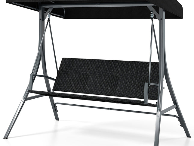3-Person Porch Swing with Stand Outdoor Canopy Swing with Rattan Seat Back-Black