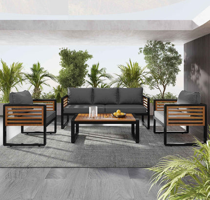 4-Piece Outdoor Conversation Set, Metal Frame & Acacia Wood Table, Seats 5