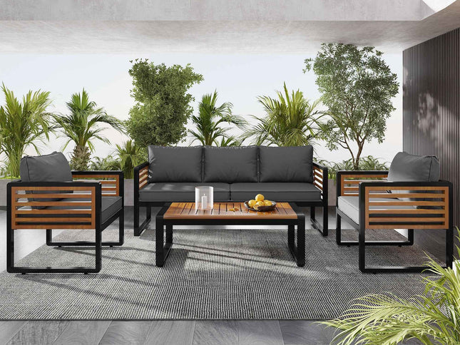 4-Piece Outdoor Conversation Set, Metal Frame & Acacia Wood Table, Seats 5