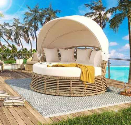 Outdoor Patio Rattan Round Daybed with Retractable Canopy, Wicker