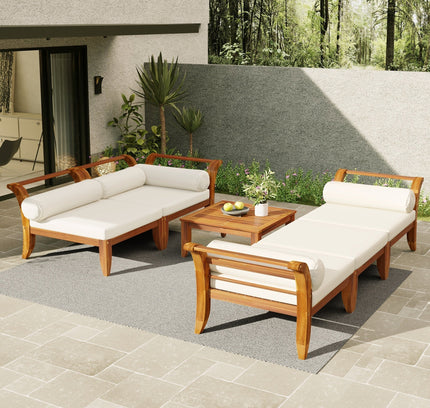 6-Piece Acacia Wood Outdoor Modular Sectional with Daybed Configuration & Tea Table