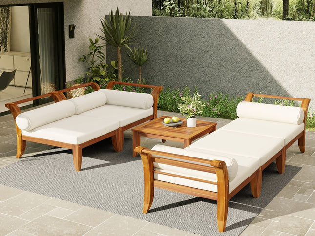 6-Piece Acacia Wood Outdoor Modular Sectional with Daybed Configuration & Tea Table