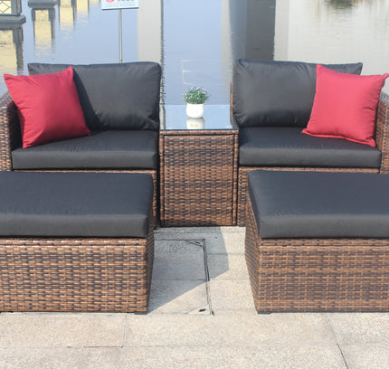 5 Pieces Outdoor Patio Garden Brown Wicker Sectional Conversation Sofa Set