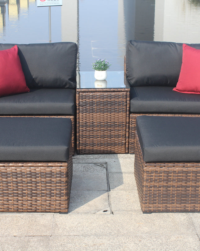 5 Pieces Outdoor Patio Garden Brown Wicker Sectional Conversation Sofa Set