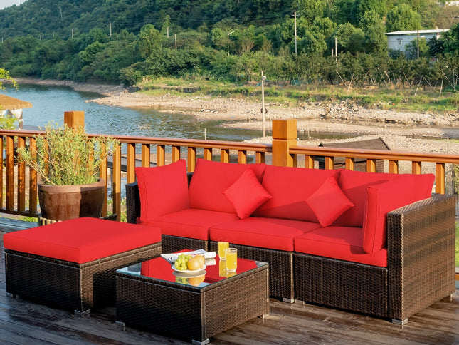 5-Piece Outdoor Rattan Sectional Sofa Set with Ottoman & Coffee Table — Red