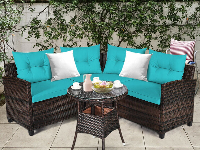 4-Piece Outdoor Cushioned Rattan Patio Furniture Set — Turquoise
