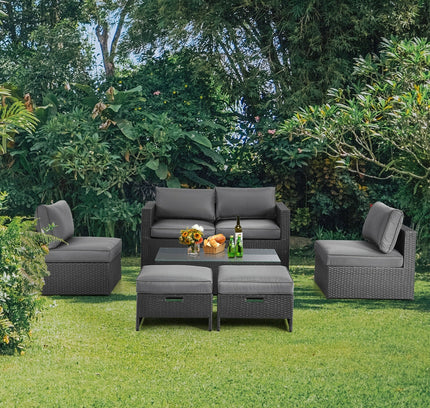 6-Piece Outdoor Rattan Patio Set with Glass Coffee Table & 2 Ottomans — Gray