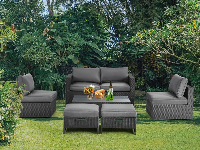 6-Piece Outdoor Rattan Patio Set with Glass Coffee Table & 2 Ottomans — Gray
