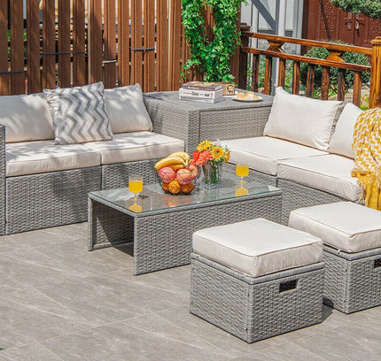 8-Piece Outdoor Rattan Patio Set with Storage Box, Waterproof Cover & Ottomans — Off White