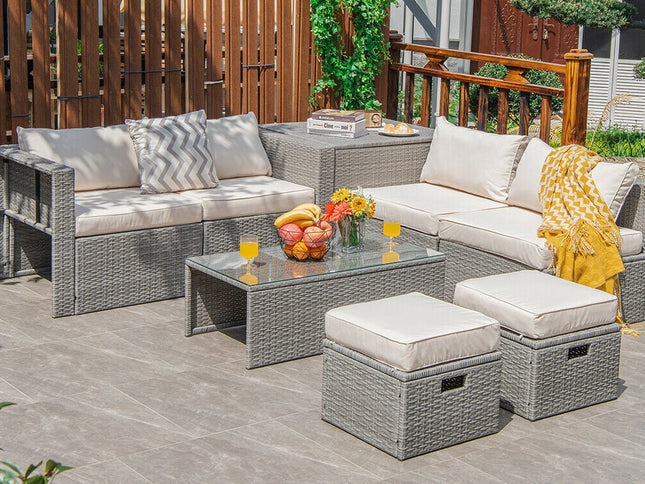 8-Piece Outdoor Rattan Patio Set with Storage Box, Waterproof Cover & Ottomans — Off White