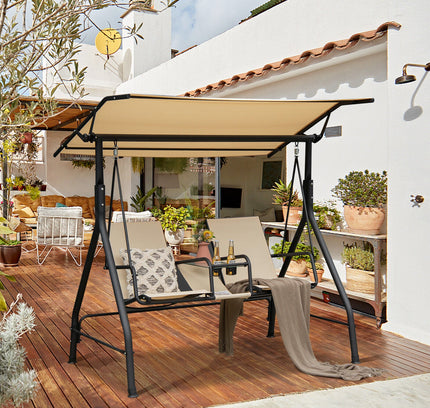 2-Seat Cushioned Porch Swing w/ Adjustable Canopy & Tempered Glass Table-Beige