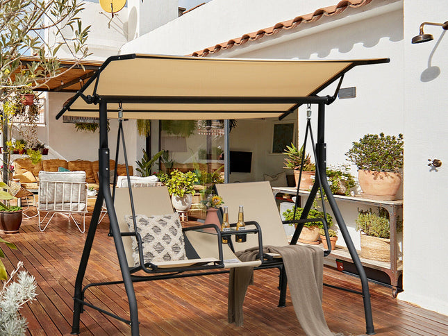 2-Seat Cushioned Porch Swing w/ Adjustable Canopy & Tempered Glass Table-Beige