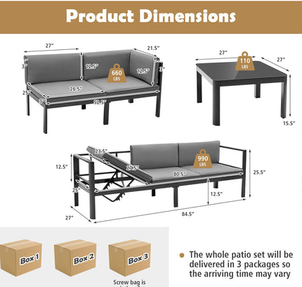 3-Piece Aluminum Patio Sofa Set with 6-Position Adjustable Backrest — Gray