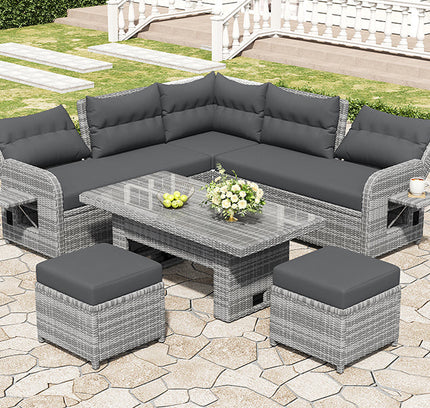 Outdoor Rattan Patio Furniture Set with Adjustable Recliners, Ottomans & Tables