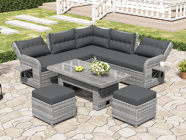 Outdoor Rattan Patio Furniture Set with Adjustable Recliners, Ottomans & Tables