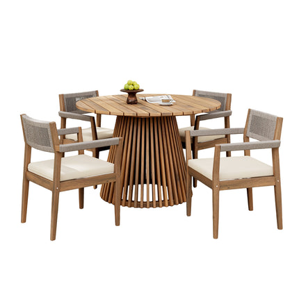 5-Piece Acacia Wood Outdoor Dining Set with Rope Braided Chairs & Round Table — Teak