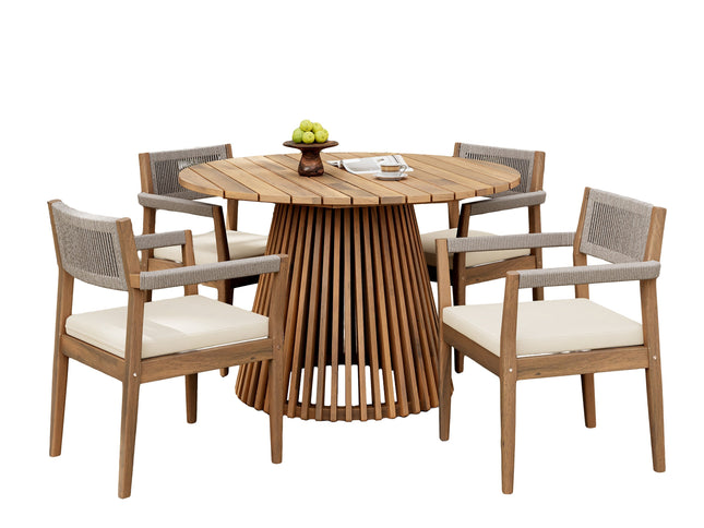 5-Piece Acacia Wood Outdoor Dining Set with Rope Braided Chairs & Round Table — Teak