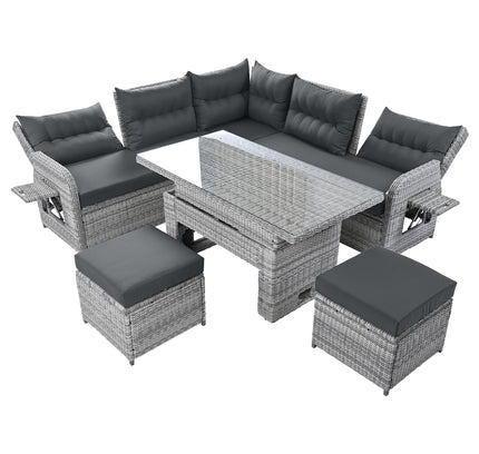 Outdoor Rattan Patio Furniture Set with Adjustable Recliners, Ottomans & Tables