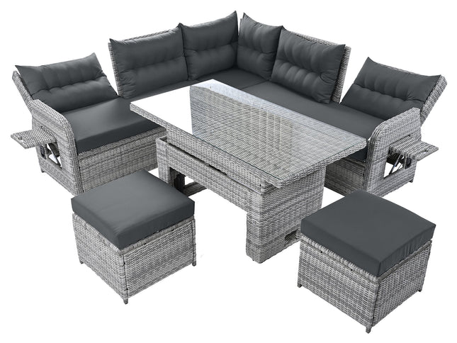 Outdoor Rattan Patio Furniture Set with Adjustable Recliners, Ottomans & Tables