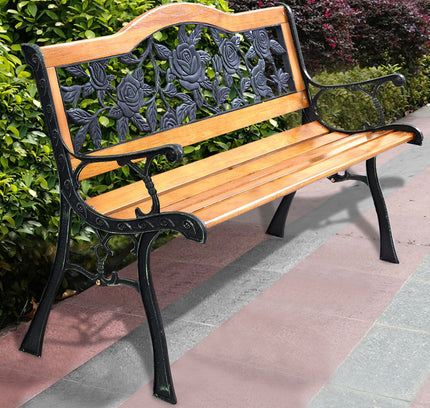 Garden Bench Chair Outdoor Wooden Loveseat with Iron Armrest