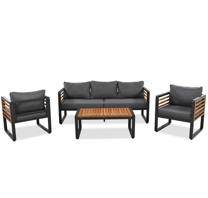 4-Piece Outdoor Conversation Set, Metal Frame & Acacia Wood Table, Seats 5