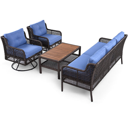 GO 4-Piece Outdoor PE Rattan Patio Set with 360° Swivel Chairs & Wood Coffee Table