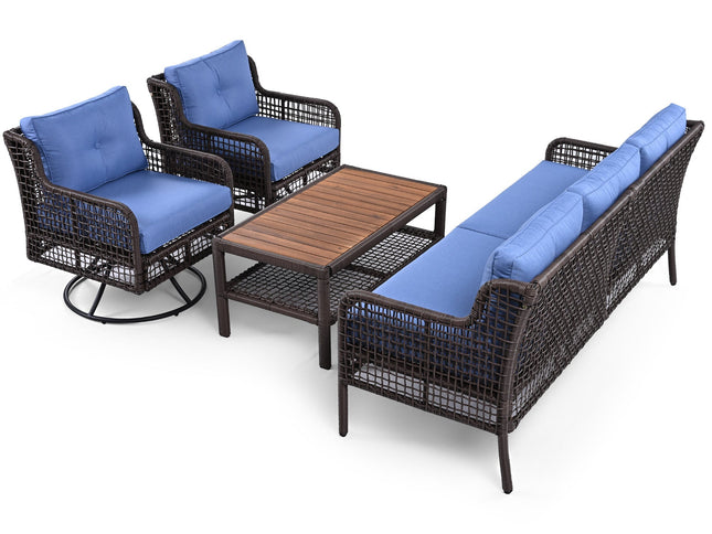 GO 4-Piece Outdoor PE Rattan Patio Set with 360° Swivel Chairs & Wood Coffee Table