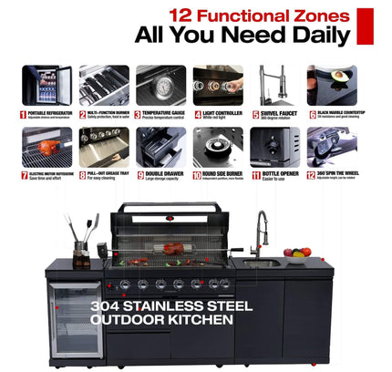 Castelle Flame 43-Inch 6-Burner 85K BTU Stainless Steel Outdoor BBQ Kitchen Island Grill With Wine Cooler, Rotisserie, And Sink