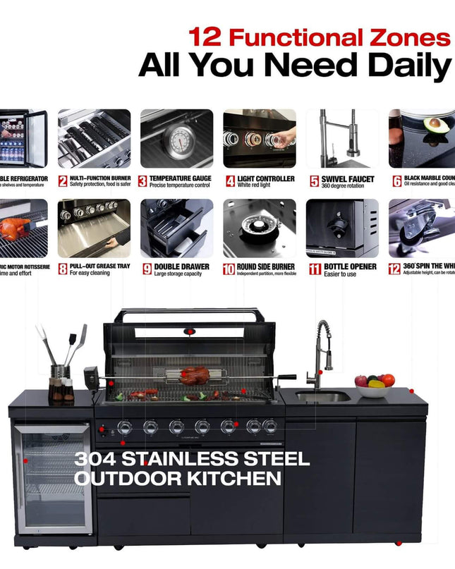 Castelle Flame 43-Inch 6-Burner 85K BTU Stainless Steel Outdoor BBQ Kitchen Island Grill With Wine Cooler, Rotisserie, And Sink