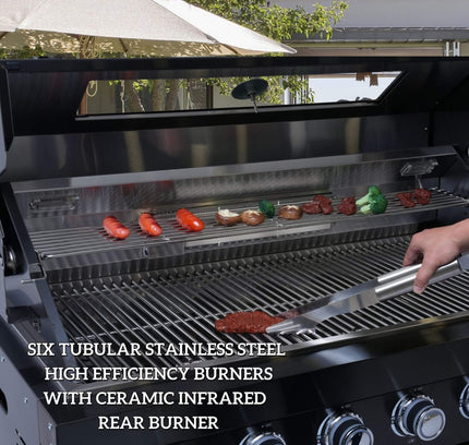 Castelle Flame 43-Inch 6-Burner 85K BTU Stainless Steel Outdoor BBQ Kitchen Island Grill With Wine Cooler, Rotisserie, And Sink