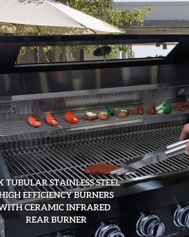 Castelle Flame 43-Inch 6-Burner 85K BTU Stainless Steel Outdoor BBQ Kitchen Island Grill With Wine Cooler, Rotisserie, And Sink