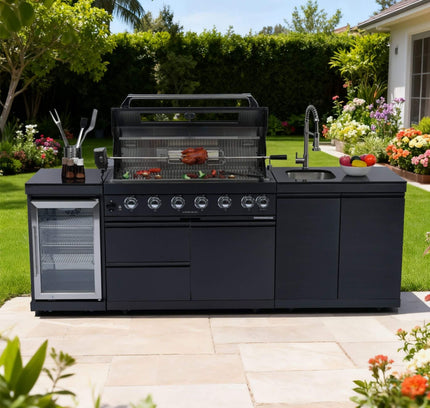 Castelle Flame 43-Inch 6-Burner 85K BTU Stainless Steel Outdoor BBQ Kitchen Island Grill With Wine Cooler, Rotisserie, And Sink
