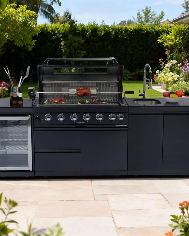 Castelle Flame 43-Inch 6-Burner 85K BTU Stainless Steel Outdoor BBQ Kitchen Island Grill With Wine Cooler, Rotisserie, And Sink