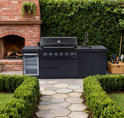 Castelle Flame 43-Inch 6-Burner 85K BTU Stainless Steel Outdoor BBQ Kitchen Island Grill With Wine Cooler, Rotisserie, And Sink