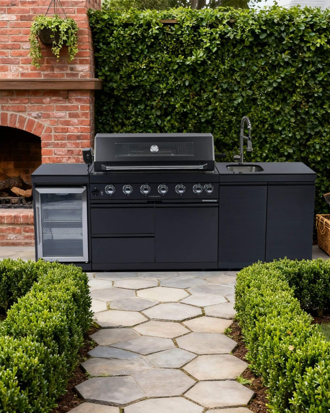 Castelle Flame 43-Inch 6-Burner 85K BTU Stainless Steel Outdoor BBQ Kitchen Island Grill With Wine Cooler, Rotisserie, And Sink
