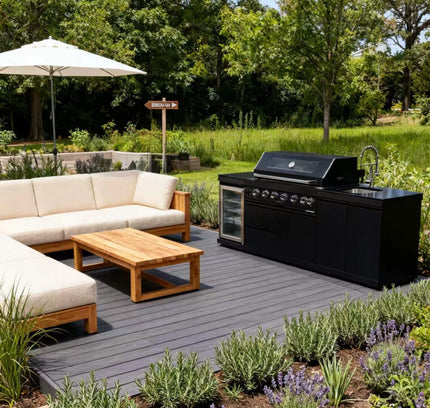 Castelle Flame 43-Inch 6-Burner 85K BTU Stainless Steel Outdoor BBQ Kitchen Island Grill With Wine Cooler, Rotisserie, And Sink