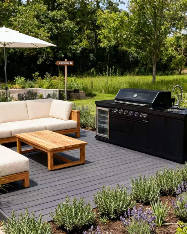 Castelle Flame 43-Inch 6-Burner 85K BTU Stainless Steel Outdoor BBQ Kitchen Island Grill With Wine Cooler, Rotisserie, And Sink