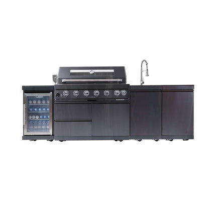 Castelle Flame 43-Inch 6-Burner 85K BTU Stainless Steel Outdoor BBQ Kitchen Island Grill With Wine Cooler, Rotisserie, And Sink