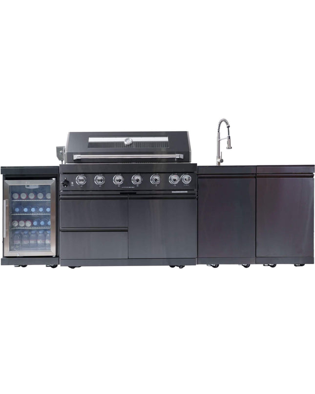 Castelle Flame 43-Inch 6-Burner 85K BTU Stainless Steel Outdoor BBQ Kitchen Island Grill With Wine Cooler, Rotisserie, And Sink