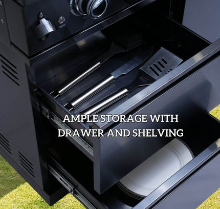 Castelle Flame 43-Inch 6-Burner 85K BTU Stainless Steel Outdoor BBQ Kitchen Island Grill With Wine Cooler, Rotisserie, And Sink