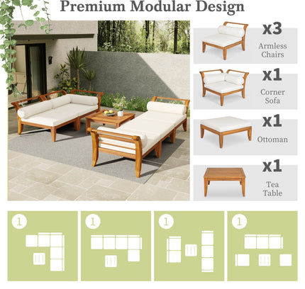 6-Piece Acacia Wood Outdoor Modular Sectional with Daybed Configuration & Tea Table