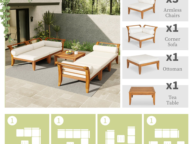 6-Piece Acacia Wood Outdoor Modular Sectional with Daybed Configuration & Tea Table