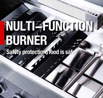 Castelle Flame 44-Inch 6-Burner 85K BTU Stainless Steel Outdoor BBQ Kitchen Island Grill With Wine Cooler, Rotisserie Kit, And Storage Cabinets