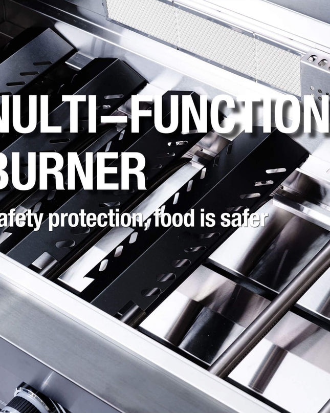 Castelle Flame 44-Inch 6-Burner 85K BTU Stainless Steel Outdoor BBQ Kitchen Island Grill With Wine Cooler, Rotisserie Kit, And Storage Cabinets