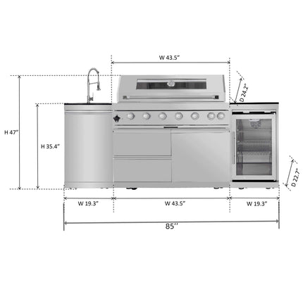 Castelle Flame 44-Inch 6-Burner 85K BTU Stainless Steel Outdoor BBQ Kitchen Island Grill With Wine Cooler, Rotisserie Kit, And Storage Cabinets