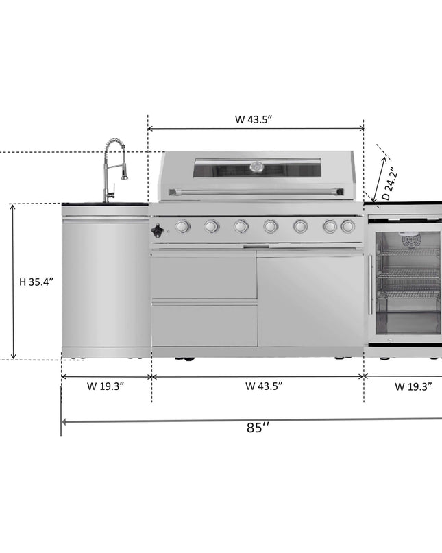 Castelle Flame 44-Inch 6-Burner 85K BTU Stainless Steel Outdoor BBQ Kitchen Island Grill With Wine Cooler, Rotisserie Kit, And Storage Cabinets