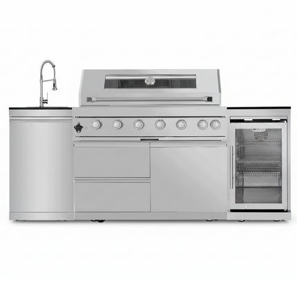 Castelle Flame 44-Inch 6-Burner 85K BTU Stainless Steel Outdoor BBQ Kitchen Island Grill With Wine Cooler, Rotisserie Kit, And Storage Cabinets (SAK97105)