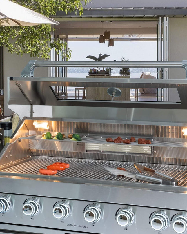 Castelle Flame 44-Inch 6-Burner 85K BTU Stainless Steel Outdoor BBQ Kitchen Island Grill With Wine Cooler, Rotisserie Kit, And Storage Cabinets