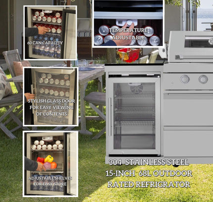 Castelle Flame 44-Inch 6-Burner 85K BTU Stainless Steel Outdoor BBQ Kitchen Island Grill With Wine Cooler, Rotisserie Kit, And Storage Cabinets