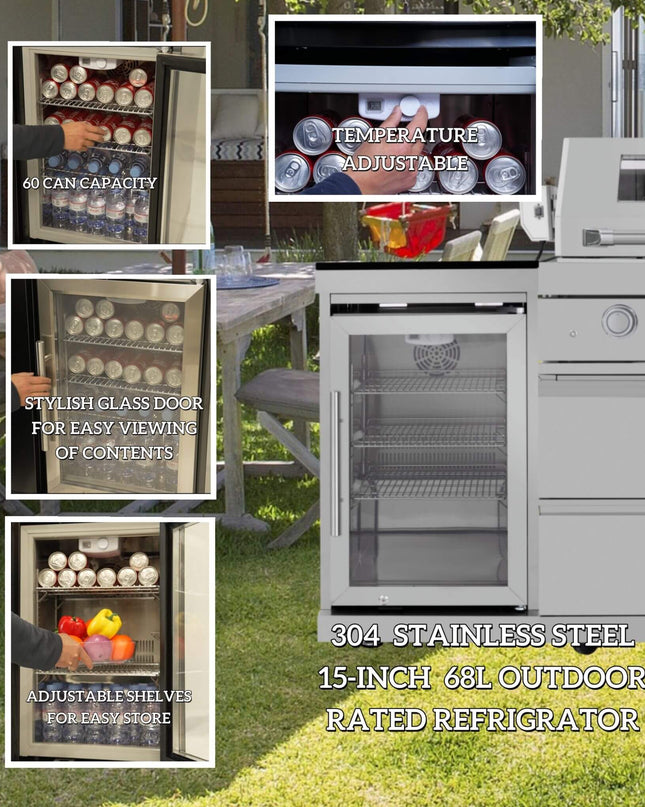 Castelle Flame 44-Inch 6-Burner 85K BTU Stainless Steel Outdoor BBQ Kitchen Island Grill With Wine Cooler, Rotisserie Kit, And Storage Cabinets